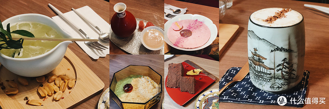 左：福建竹节酒与榄汁的中式调酒，中：几款秋季甜品，右：熟普洱与牛初乳调的奶茶