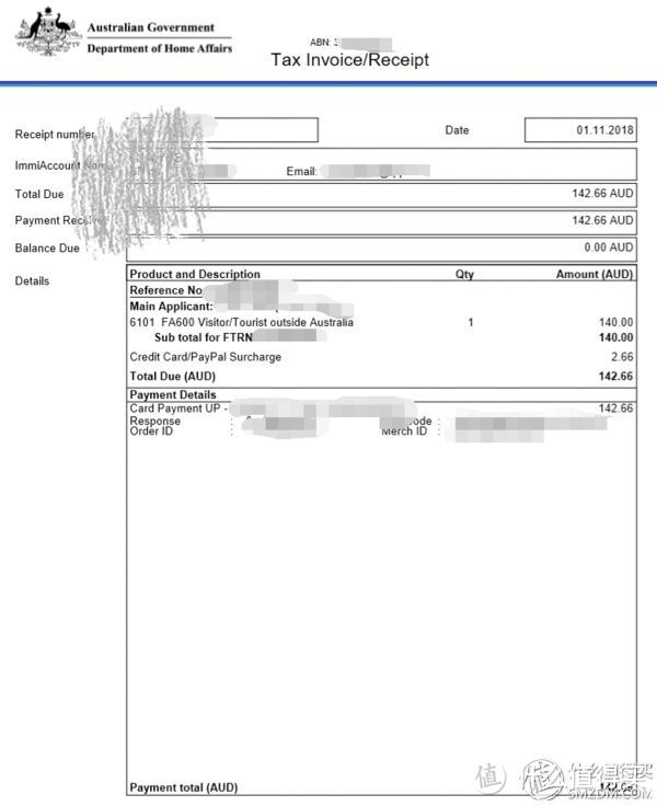 邮箱收到的收据，一共花了142.66澳币，其中2.66刷卡手续费。