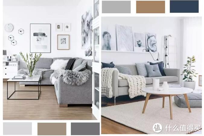 ▲白墙+浅灰沙发+木地板，再配上同色系深浅不一的抱枕增加色彩的层次感，简约百搭。