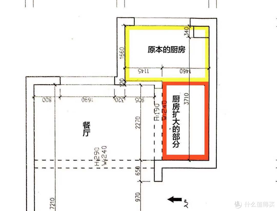 黄框为原始厨房区域，红框为扩大区域 