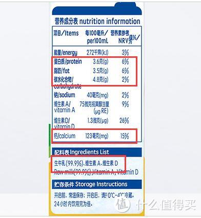 配料表：生牛乳、维生素A、维生素D。每100ml蛋白质3.6g，脂肪3.5g，碳水化合物4.8g，钙123mg