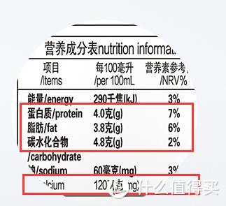 每100ml蛋白质4g，脂肪3.8g，碳水化合物4.8g，钙120mg