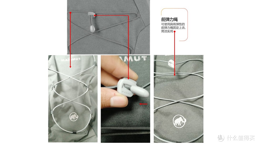 可伸缩弹力绳能为包包提供弹性的容纳空间。可缩可伸，拉伸时如左边小图所示，放开时候入右边小图所示，对于临时需要额外装东西或者外挂一些衣服来说，很是实用。看中间图中弹力绳扣的上面，印油MAMMUT的logo，细节中透露着执着。