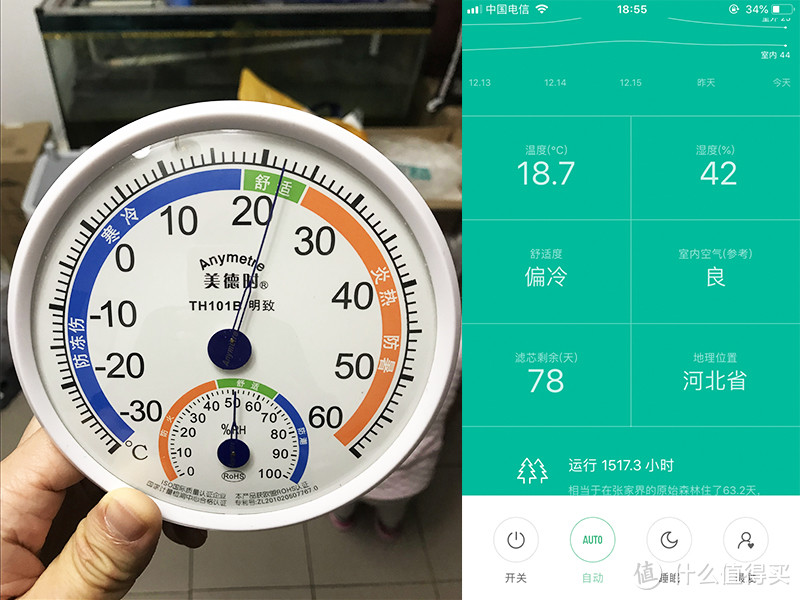 18:55分，温湿度计显示为：22℃、50%；米家空净app显示为：18.7℃、42%