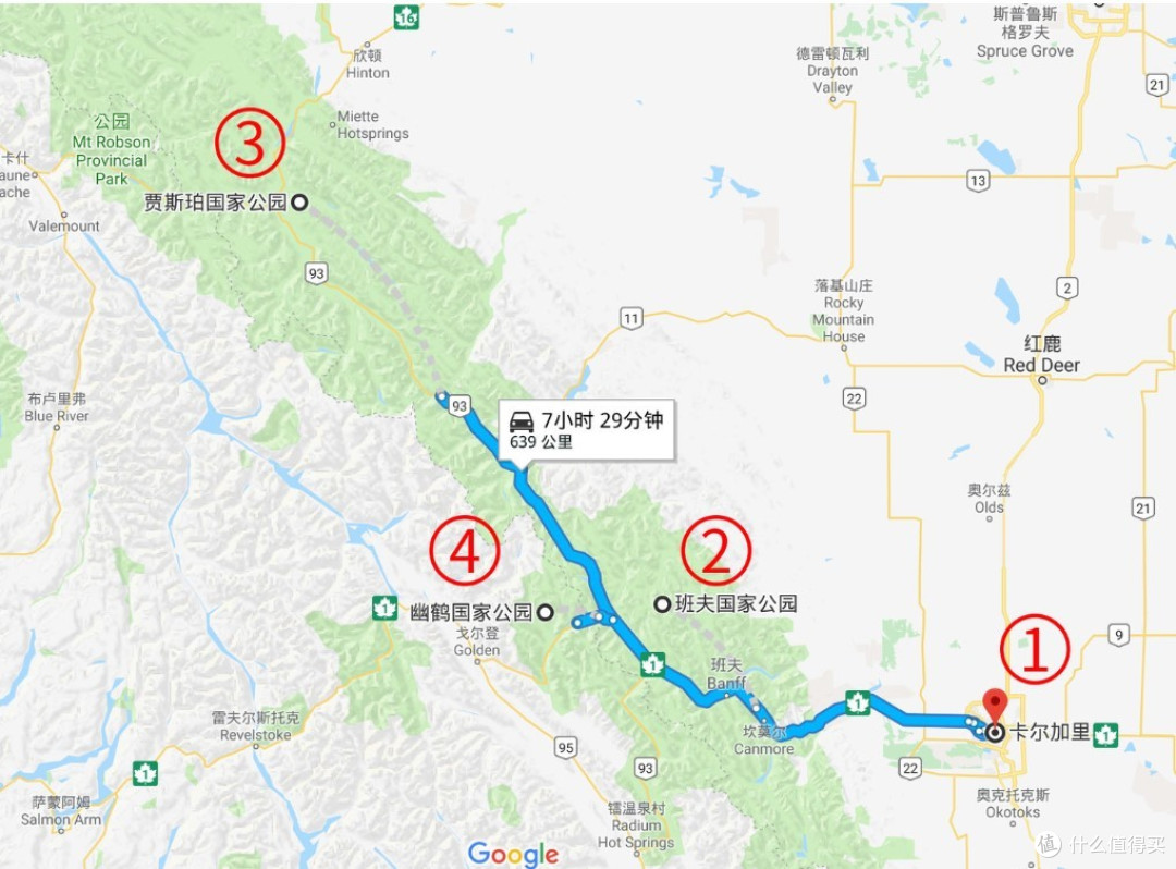 卡尔加里前往落基山地图