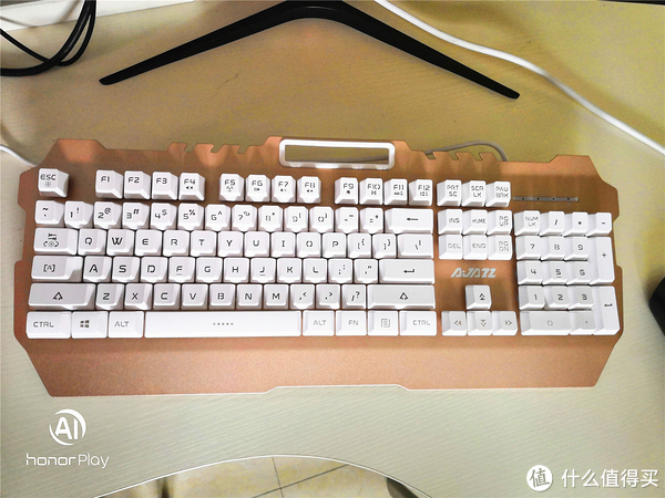 开箱环节略过，金甲犀游戏键盘采用开放式的设计，白色的键帽竖立在玫瑰金的底座上，彰显个性。