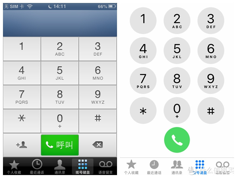 拨号界面看似变化很大，但是仔细看却是几乎没有变化，特别是最下面的五个Tab页面