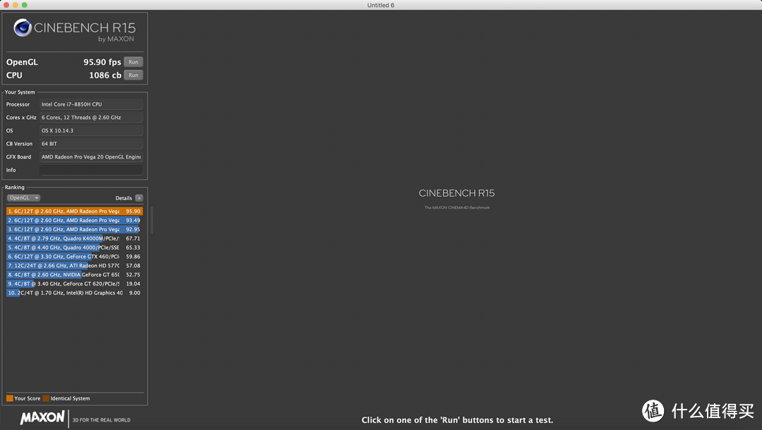 Cinebench R15的跑分 CPU1086，显卡95.90FPS