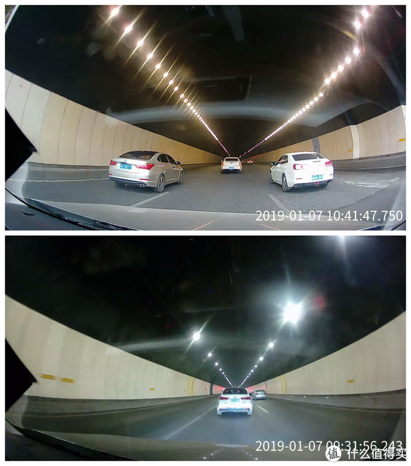 在刚刚进入隧道口时，没有明显的明暗对比，细节仍然很清晰。在隧道里，即使光线稍弱，前方车辆车牌也能很容易看到。