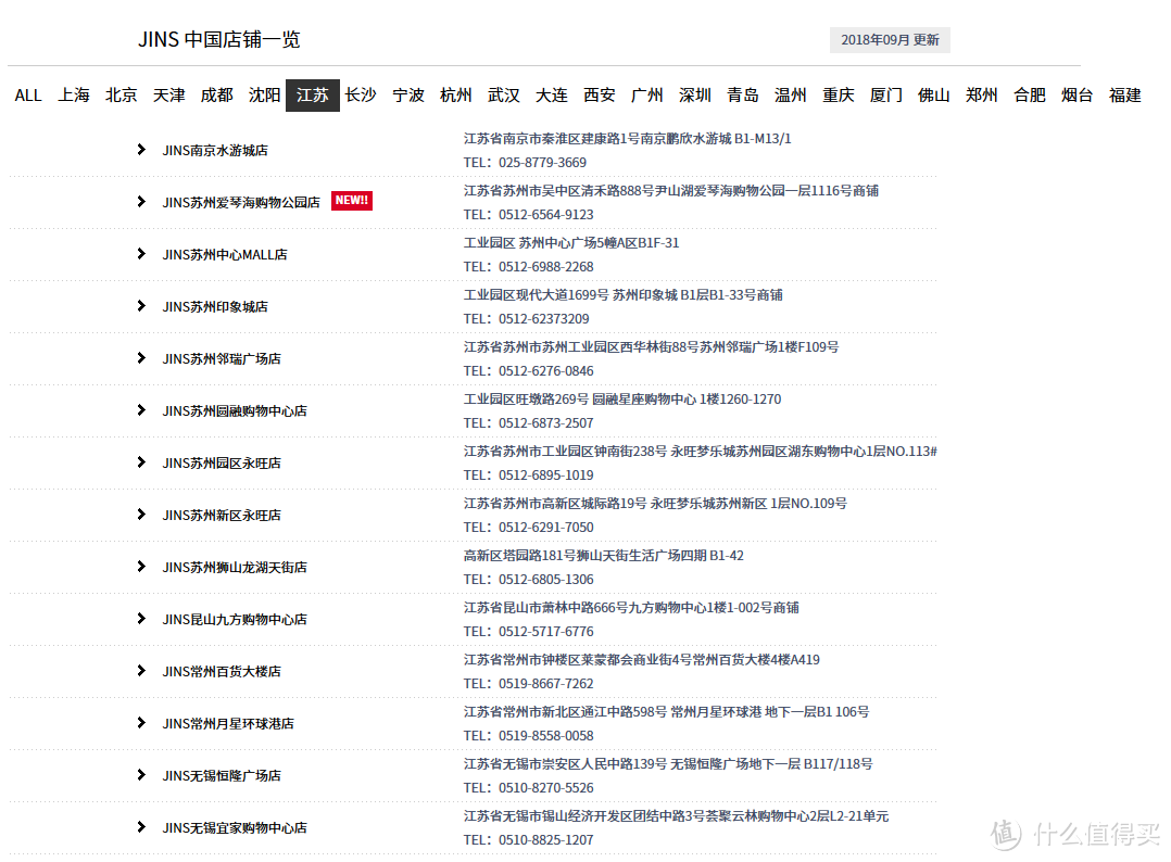 （中文）江苏JINS实体店列表（来源：http://www.jins-cn.com/storelocation/index.html#city06）
