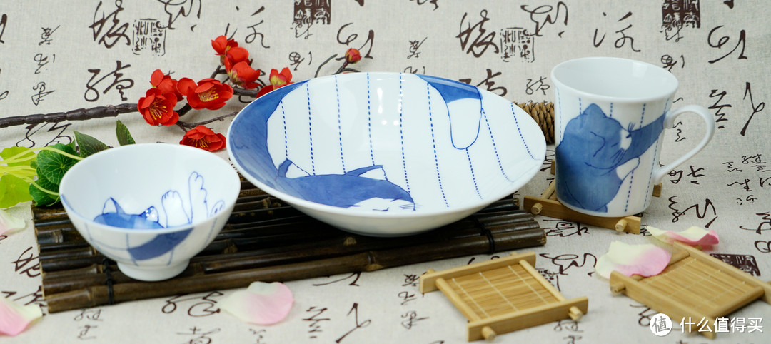 一个猫控的自我修养:Ceramic 蓝 杯、碗、碟、筷 治愈系餐具套装