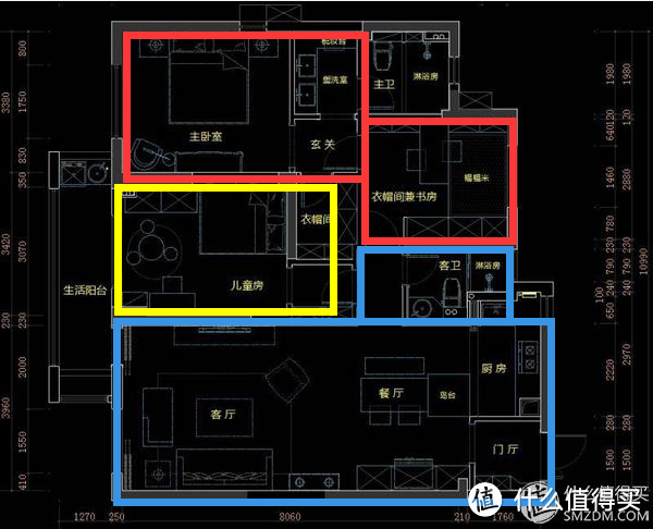 蓝色是3格信号，黄色两格信号，红色(书房)一格或是（主卧）无信号