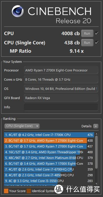 AMD Ryzen 7 2700X Cinebench R20跑分