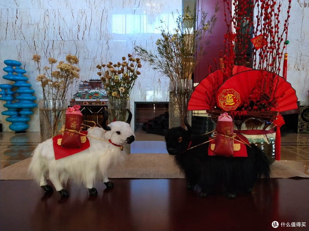 大厅的牦牛装饰,后面是布达拉宫的模型