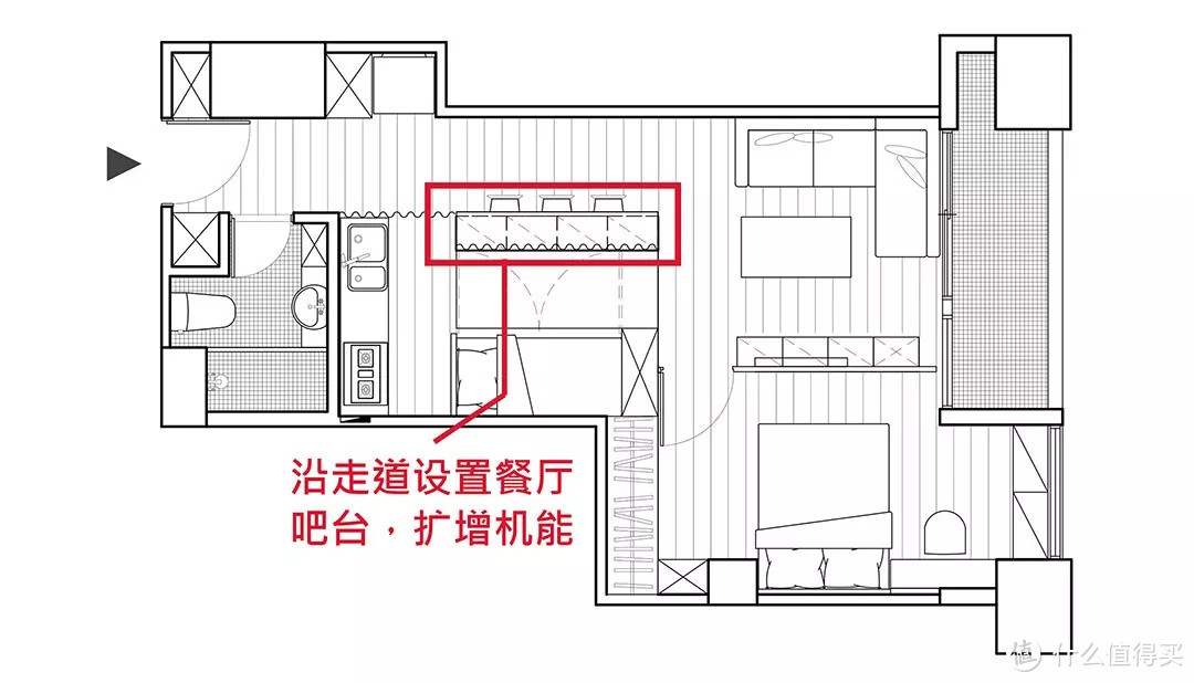 一文破解50平刀把户型，靠榻榻米扩容榨出2房，厨房转向后大3倍