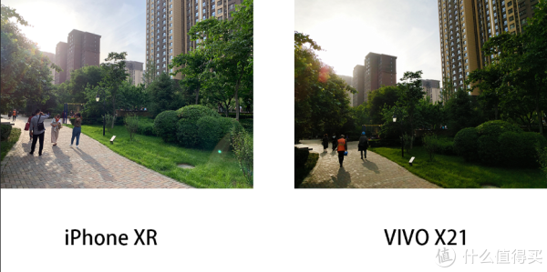 室外逆光场景，XR出现了光斑，X21稍微好一点，但是整体曝光不足，XR更有HDR的质感。