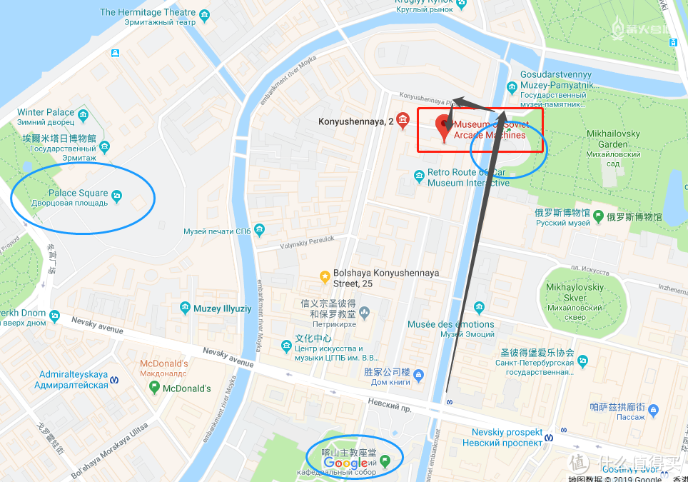 红框是博物馆地址，附近的蓝圈是滴血大教堂，黑线是地铁步行路线