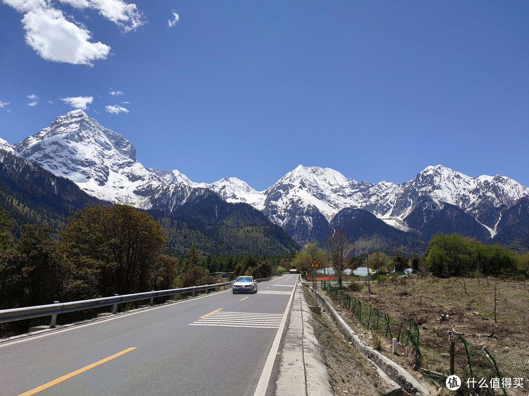 去往波密的路上，近处是森林，远处是雪山，神奇的景观，全川藏线上独此一段