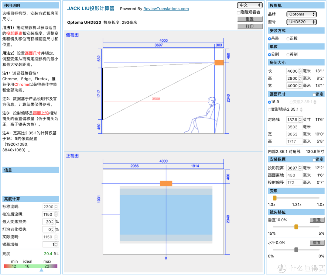 投影计算器并没有收录528，使用同样镜头的520进行演示