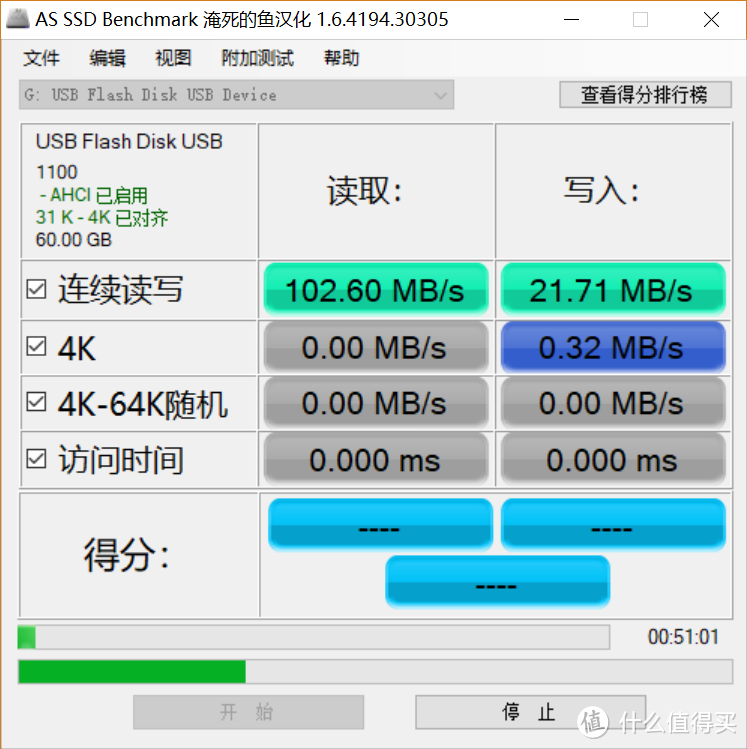 读取速度也有100MB/s，但4K（小文件）惨不忍睹，看到右下角的时间，我果断选择了放弃