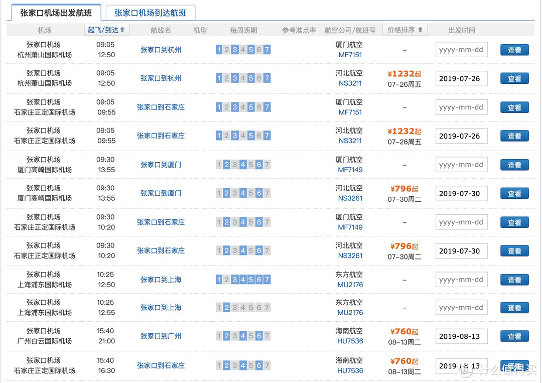 部分航班截图