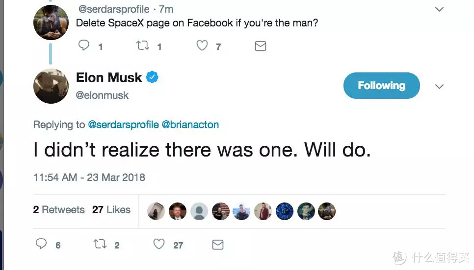 △ 马斯克表示「会马上删除 SpaceX 的 FB 页面」——他最后也的确这么做了