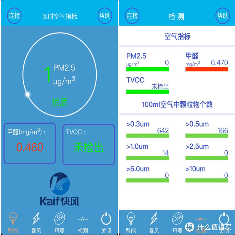 左边界面是边净化边检测出风口数据，右边图是按检测键等待5-10分钟，能够反映所处空间的平均数值。