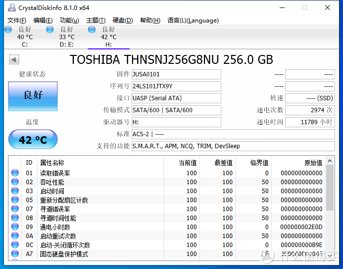 CrystalDiskInfo显示硬盘温度42度