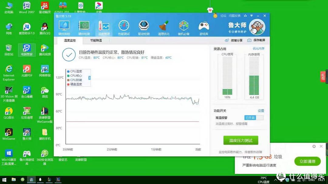 这是开了水冷玩了一把之后的温度，没错，效果根本不明显，不过已经比之前经常接近100的温度好多了