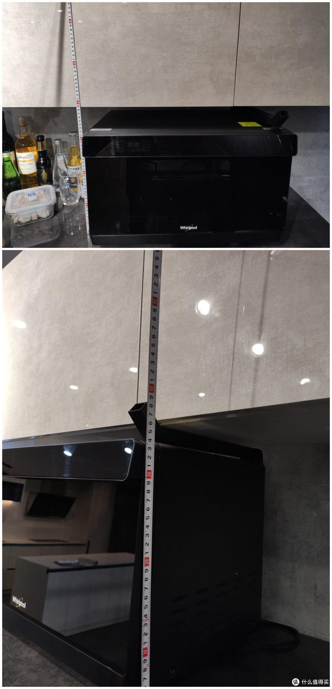 上为桌面到橱柜高度39cm,下为安装导管后高度38cm