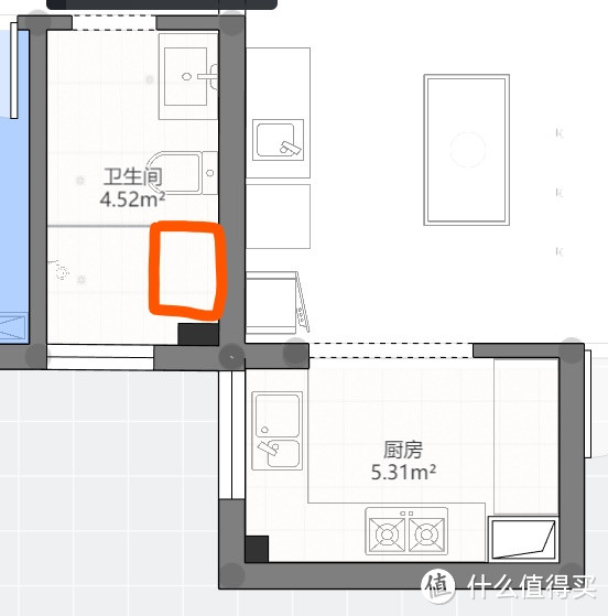 黄圈处后期可以配个80厘米日式浴缸