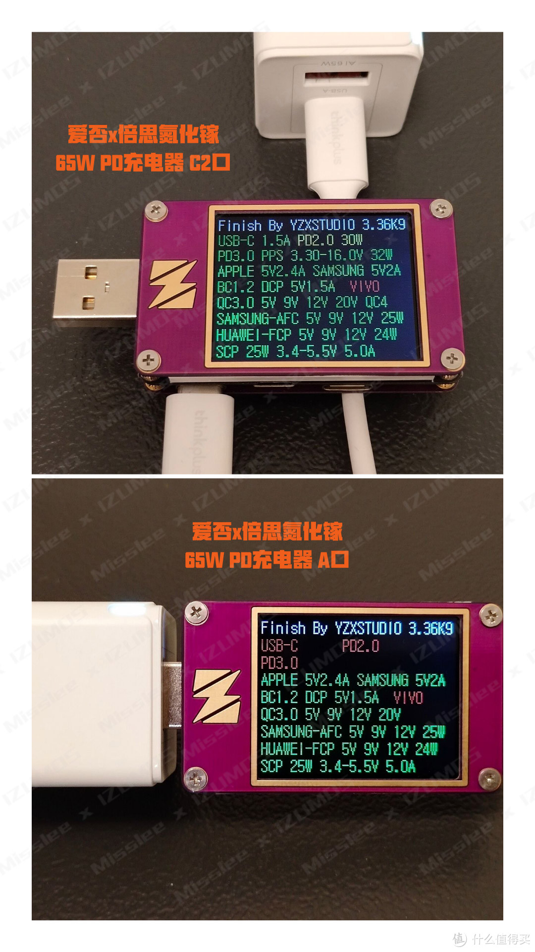 倍思氮化镓 65W PD充电器C2口 A口 协议检测