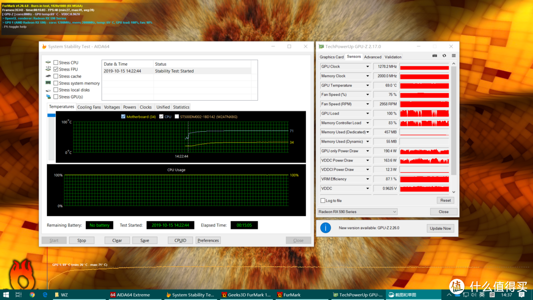 双烤15min CPU 71℃、显卡69℃