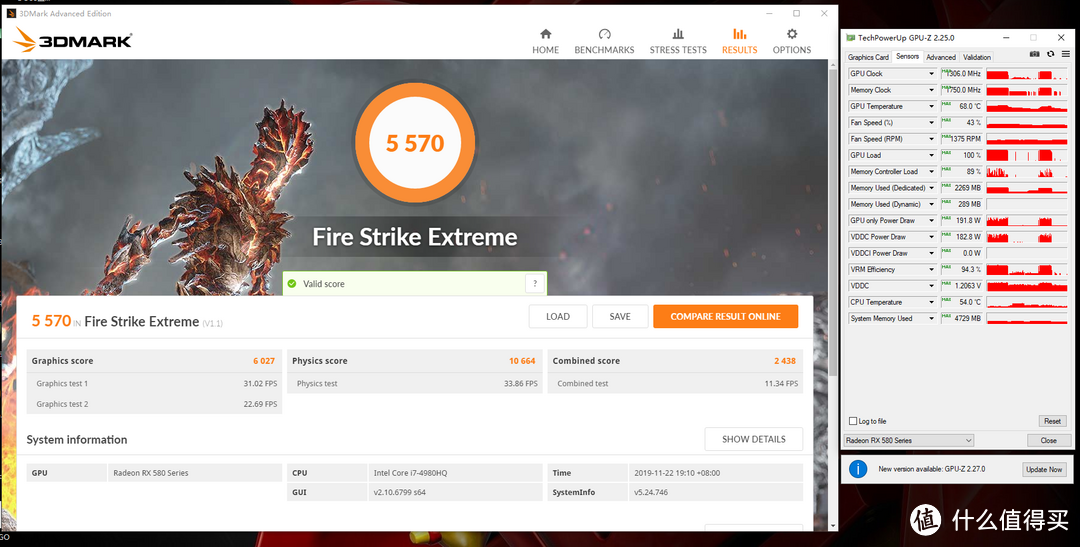 FSE得分5570，显卡得分6027，最高温度68°C，功耗峰值191.8W