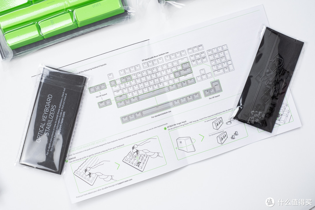 给黑换绿,拒绝打油:雷蛇 Razer 双色注塑PBT键帽升级套件+腕托 组合