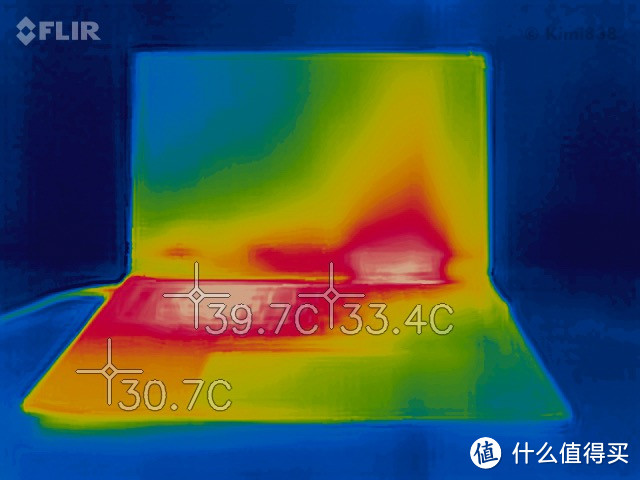 ▲ CPU 单烤时的温度分部，键盘左侧上部温度较高，后部在右侧出风口处有明显升温，在掌托和大部分键盘区域只有少许温热感。