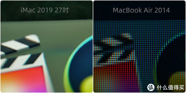 用微距拍摄，可以看到单位面积相同的情况下，iMac拥有更加密集的像素点（218ppi）。