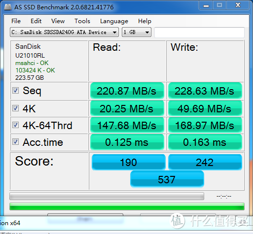 SATA2.0下的闪迪加强版的AS SSD跑分