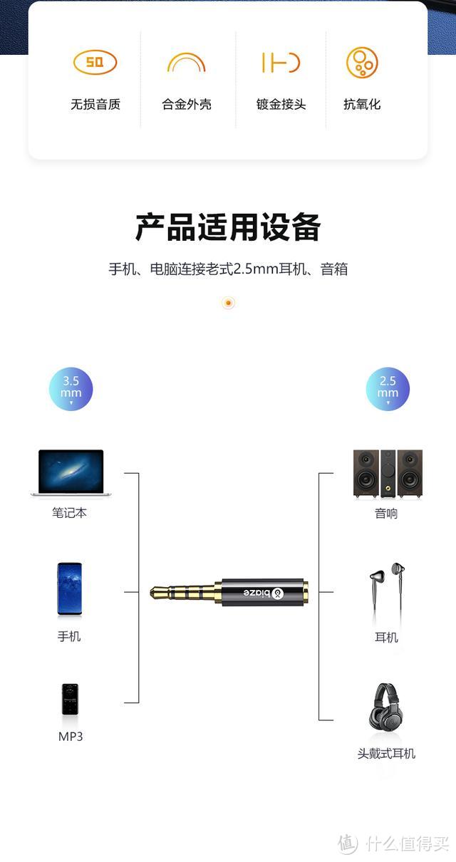毕亚兹 2.5mm母对3.5mm公音频线转接头:保真音质 即插即用