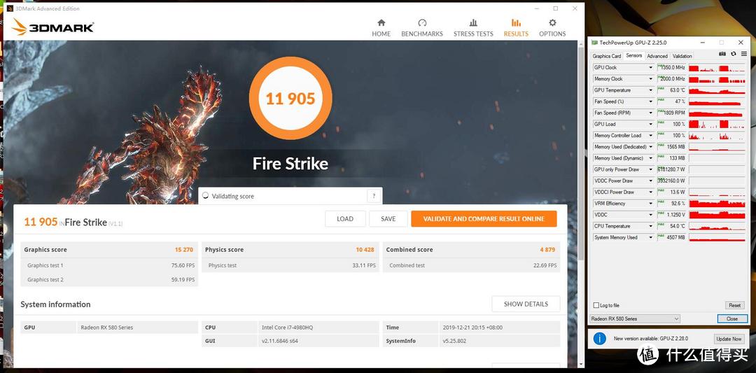 3DMark Fire Strike得分11905，显卡得分15270，显卡峰值温度63°C