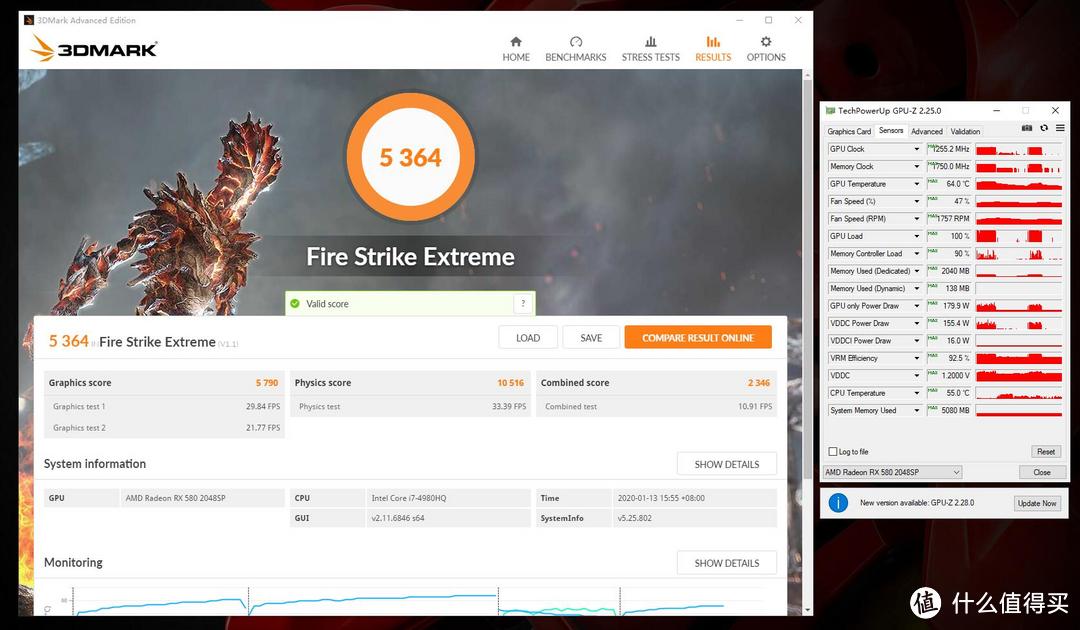 3Dmark FSE总分：5364，显卡分：5790；显卡峰值温度：64°C；峰值功耗：179.9W