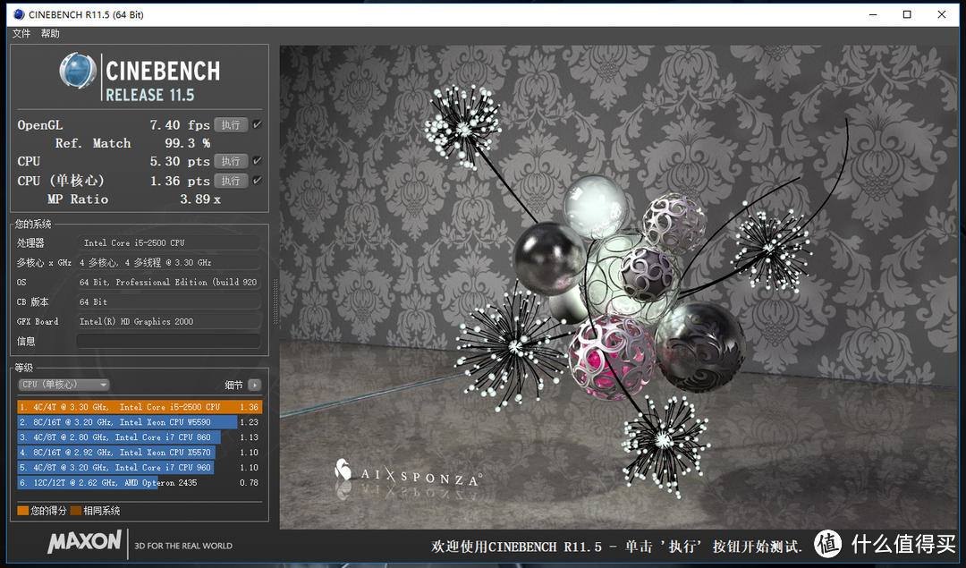 i5-2500 CineBench 11.5得分：单核1.36pts，多核5.3pts