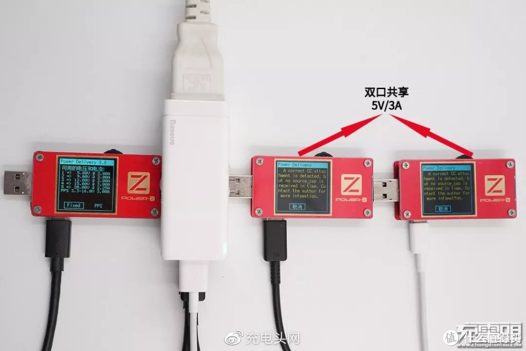 三个USB接口同时输出，它们的USB PD输出档位会发生变化。USB-C1输出档位会变成：5V/3A、9V/3A、12V/3A、15V/3A、20V/2.25A以及3.3V-16V/3A（45W）USB-C2与USB-A接口共享5V/3A 15W的功率，都不能开启快充。