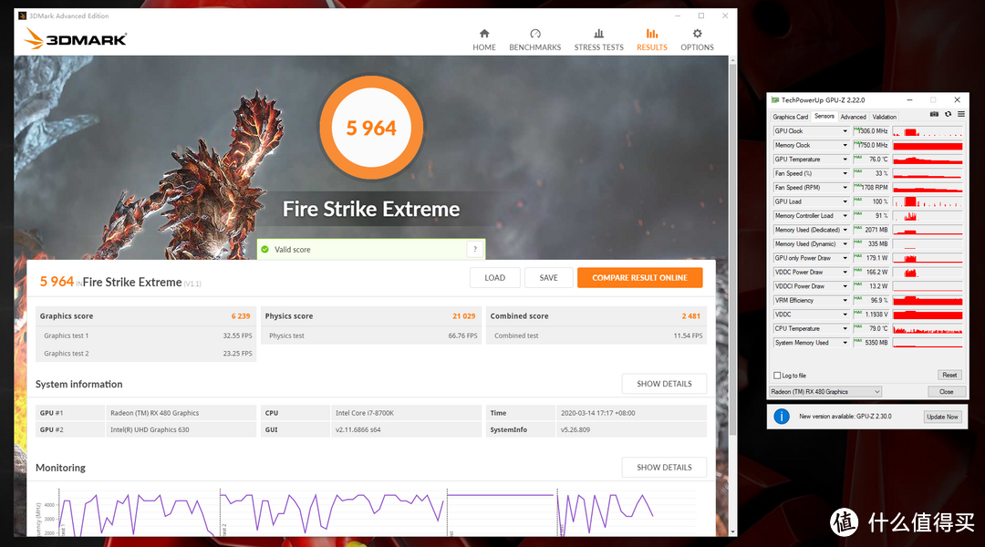 3DMark FSE测试：5964分；显卡6239分；显卡温度76°C，最高功耗179.1W