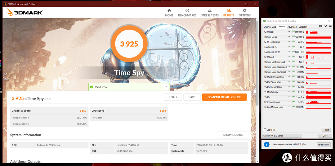 3DMark TimeSpy测试3925分，显卡分3867，峰值温度58°C，峰值功耗131W