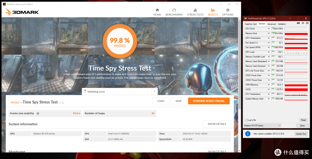 3DMark 20轮TimeSpy稳定性测试通过率99.8%，峰值温度67°C，峰值功耗148.5W