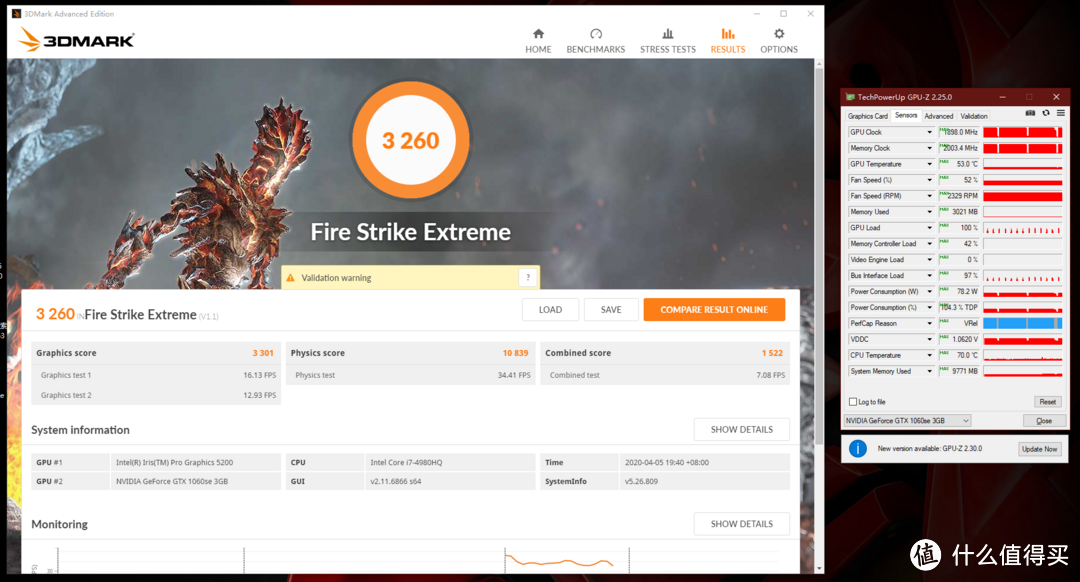 3DMark FSE跑分3260，显卡分3301，温度53°C，功耗78.2W
