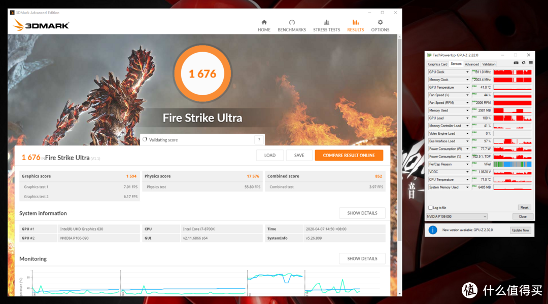 3Dmark FSU测试得分1676，显卡分1594，显卡温度41°C，功耗77.7W