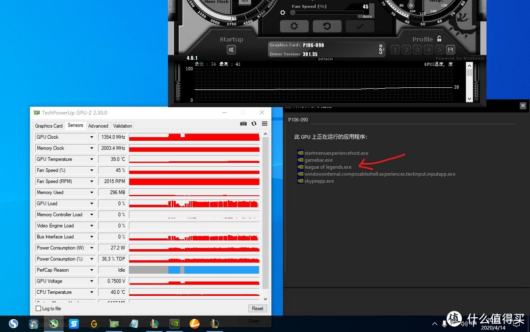 切回桌面，可以看到GPU时钟频率都可跑满（红条到顶），GPU活动监控器里有LOL的程序运行