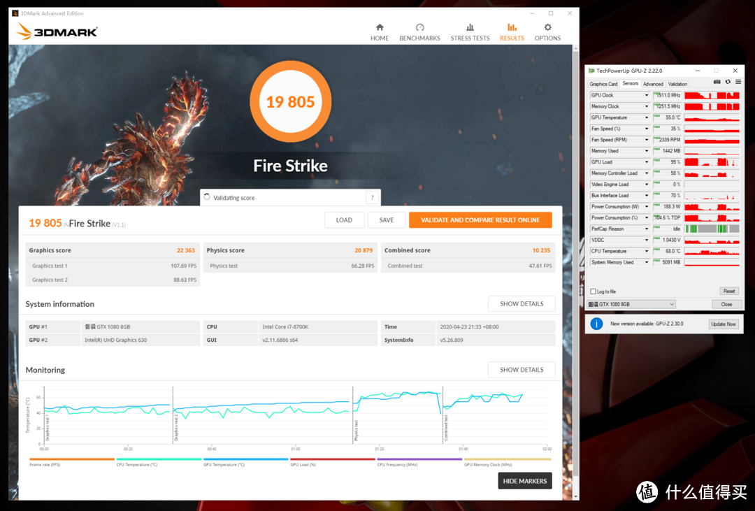 3DMark Fire Strike得分19805，显卡得分22363，峰值温度55°C，峰值功耗188.3W。（老驱动的总分只有16093，增幅23%）